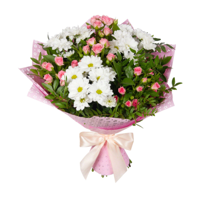 Букет «Волшебный сад» – гармония кустовых роз и белоснежных хризантем Феодосия Крым