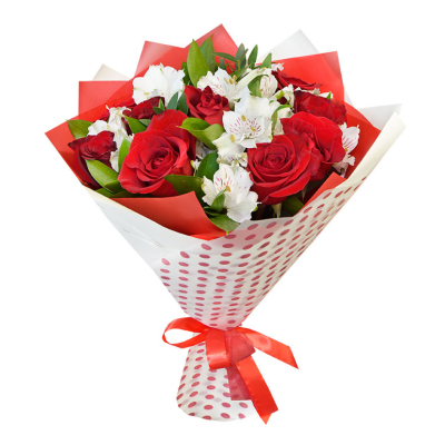Букет из красных роз и белоснежных альстромерий – гармония страсти и нежности Феодосия Крым