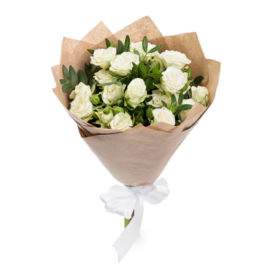 Изысканный букет из 5 белых кустовых роз с фисташковой зеленью Феодосия Крым