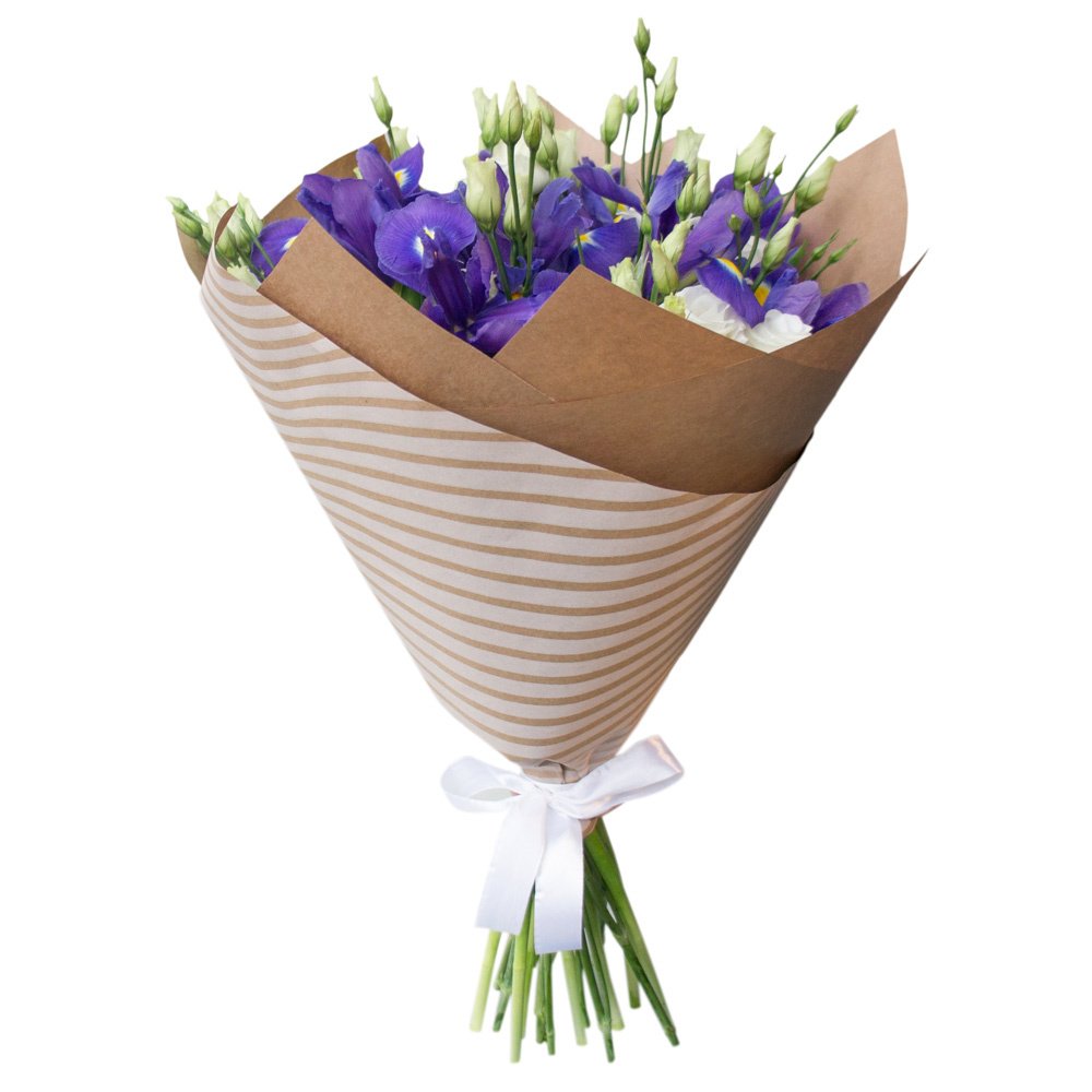 Изысканный букет из синих ирисов и белых эустом – гармония утонченности Феодосия Крым