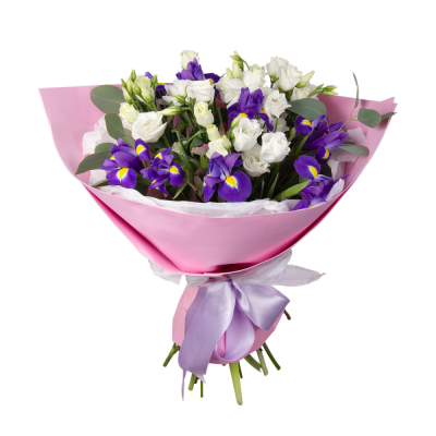 Букет «Подарок» – элегантная композиция из ирисов, эустом и эвкалипта Феодосия Крым