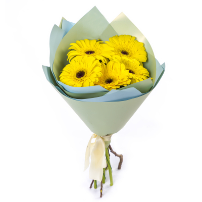 Яркий букет из 5 жёлтых гербер – как кусочек солнца в ваших руках Феодосия Крым