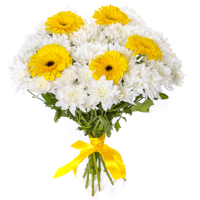 Солнечный букет из желтых гербер и белых хризантем – радость в каждом лепестке Феодосия Крым
