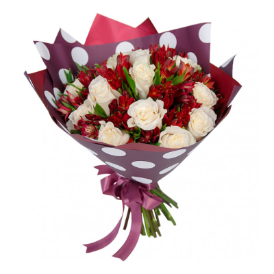 Букет из белых роз и красных альстромерий – гармония страсти и чистоты Феодосия Крым