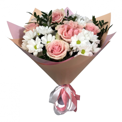 Букет из розовых роз и хризантем – нежность и долговечность Феодосия Крым