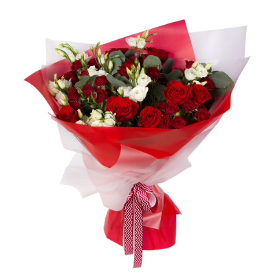 Контрастный букет «Рандеву» – красные розы и белые эустомы Феодосия Крым